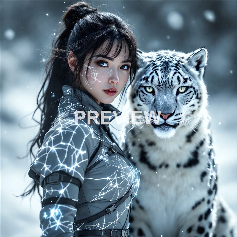 A woman with striking blue eyes and dark hair in a high ponytail stands closely beside a white tiger in a snowy landscape, with glowing, web-like patterns on her clothing and face.